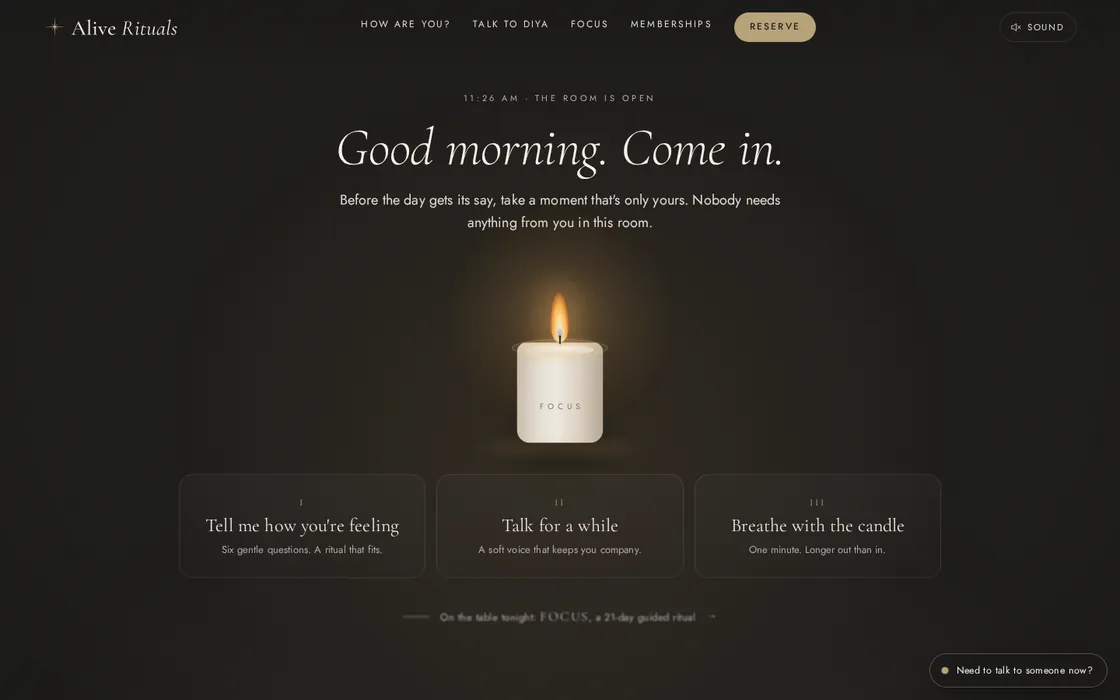 Alive Rituals homepage on desktop: dark, candle-lit page with the heading “Good morning. Come in.”, a glowing candle and three ritual cards