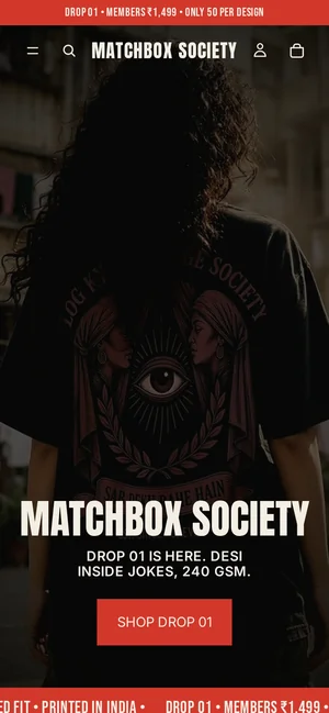 Matchbox Society store homepage on a phone, with the drop announcement bar and Shop Drop 01 button